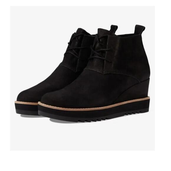 NWOT EILEEN FISHER Capa Wedge Boots Booties Sz 6 M Black Nubuck Leather Lace Up - Picture 2 of 8